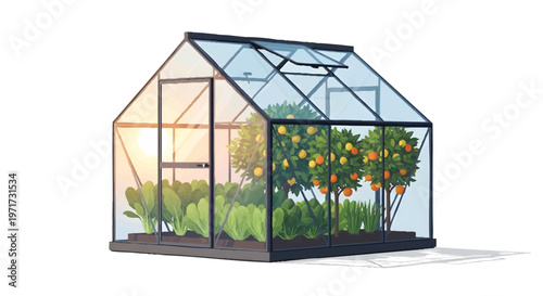 Small glass greenhouse with plants and trees inside isolated on white