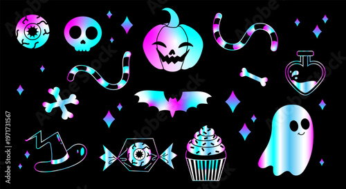 Neon Halloween symbols including pumpkin, ghost, skull, candies and spooky elements in vibrant gradient style on dark background, expressing festive spooky concept. Hand-drawn vector illustration