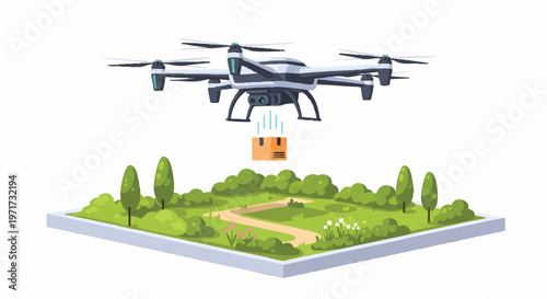 Drone delivering package to isolated green landscape area