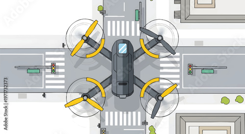 Drone flying over city street with crosswalk and buildings