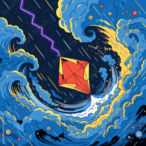 Vibrant red kite flying amidst turbulent blue stormy weather with lightning and heavy rain swirling waves and yellow accents