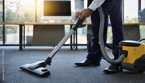 an office cleaner using a vacuum to keep the carpet clean and presentable for staff use