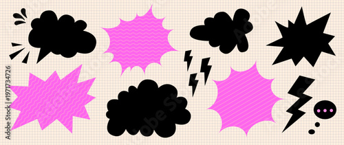 Comic speech bubble set. Bold black, vibrant pink shapes on grid background. Pop art doodle elements. Lightning bolts. Abstract chat balloons. Trendy sticker style design for social media, advertising