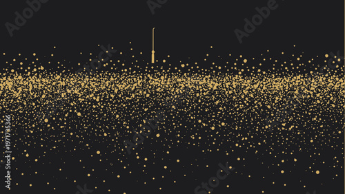 Golden glitter particles drift upward against a deep black background to create a luxurious and celebratory atmosphere of shimmering light.