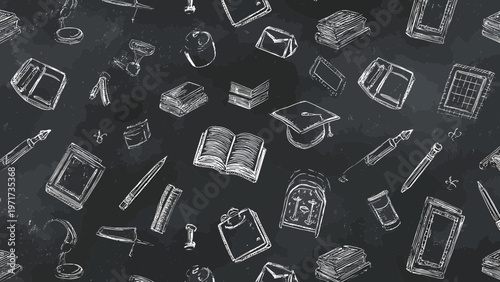 School supplies rendered in white chalk outlines decorate a dark blackboard texture to create a seamless pattern for academic projects.