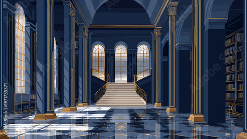 Library interior features grand marble columns, a symmetrical sweeping staircase, and polished reflective floors bathed in cool blue ambient lighting.