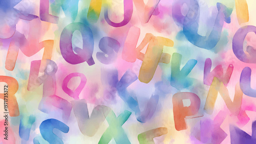 Alphabet letters float in a soft-focus watercolor wash of pastel pink, yellow, and blue hues that create a gentle and artistic background texture.