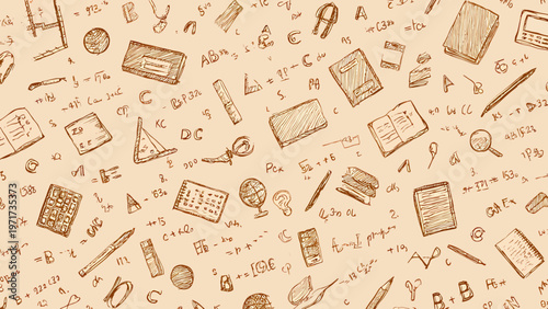 Mathematics equations and school objects are sketched in a monochromatic pattern on vintage textured paper.