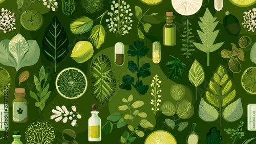 Botanical elements and natural medicine supplies are layered in a lush green pattern of organic textures.