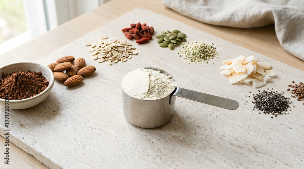 Fototapeta premium Assorted healthy superfood ingredients for smoothie bowl preparation