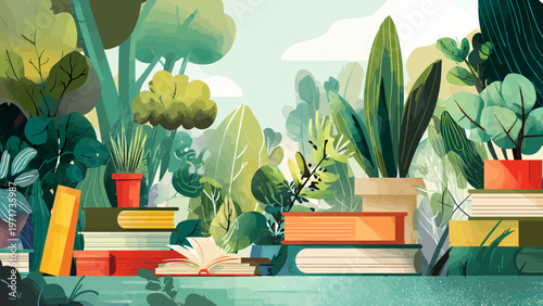 Books stacked amidst vibrant potted plants create a serene atmosphere of natural learning in this whimsical and artistic illustration of a cozy indoor library space.