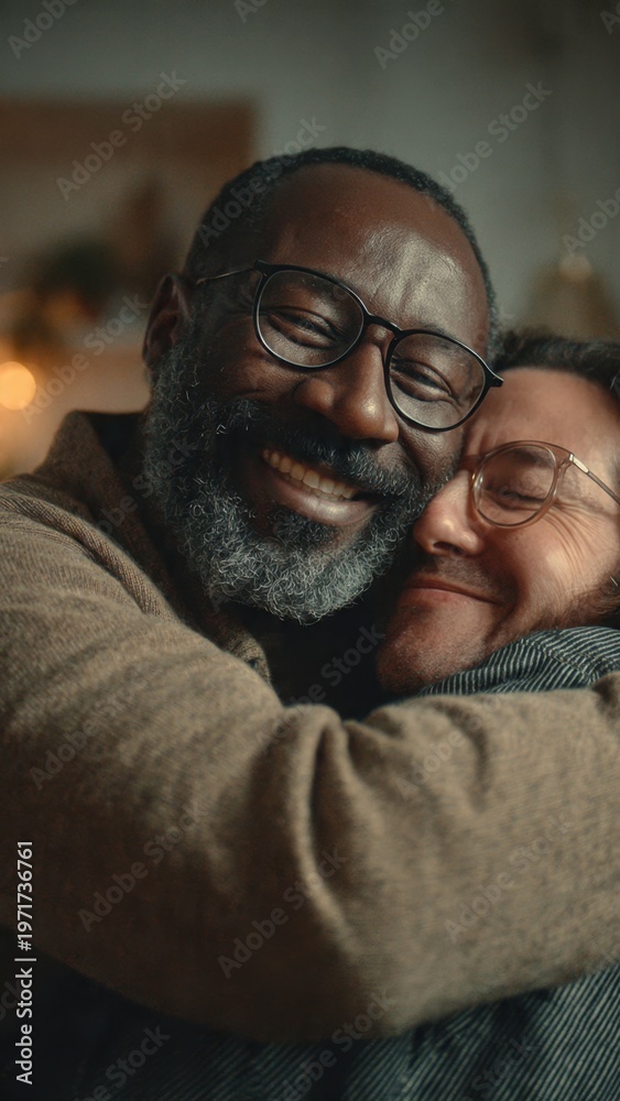 Fototapeta premium Two Men Embracing with Warm Smiles