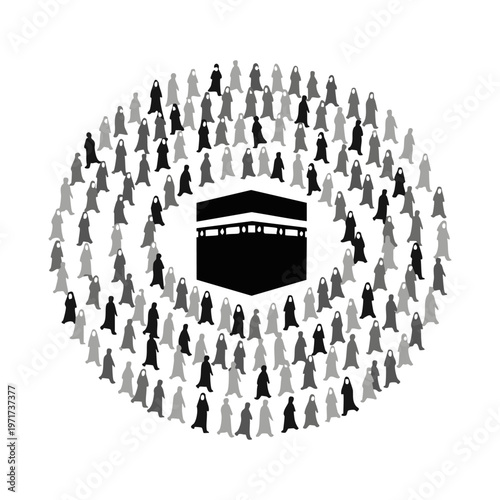 Flat Hajj Pilgrimage Around Kaaba Icon on White Background