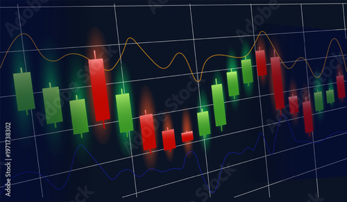 Colorful candlestick bars with trend lines on a dark grid background showing financial data in a modern digital style for trading analysis. Hand-drawn vector illustration