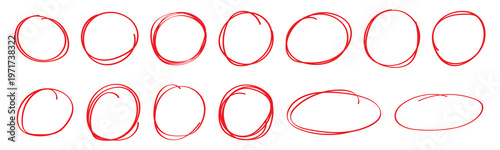 red pen hand drawn doodle marks, red circle and oval stroke set. Outline red drawing line clipart symbol