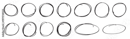 black pen hand drawn doodle marks, red circle and oval stroke set. Outline red drawing line clipart symbol