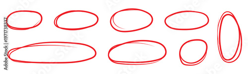 red circle highlight, pen ovals doodle. Marker ellipses frames in sketch style. Hand drawn vector illustration . Vector circular scribble doodle round circles for message and for note mark . eps 10