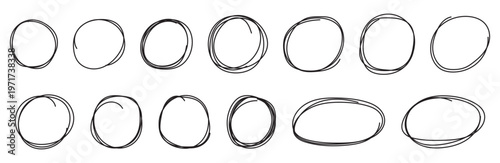 Set of hand drawn black circles and ovals. Highlight circle frames in black color. Ellipses in doodle style. Abstract Vector Brush Stroke Collection.