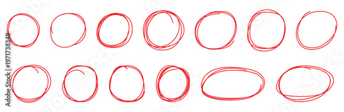 Set of hand drawn red circles and ovals. Highlight circle frames in red color. Ellipses in doodle style. Abstract Vector Brush Stroke Collection.