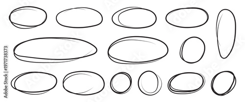 red circle highlight, pen ovals doodle. Marker ellipses frames in sketch style. Hand drawn vector illustration . Vector circular scribble doodle round circles for message and for note mark 