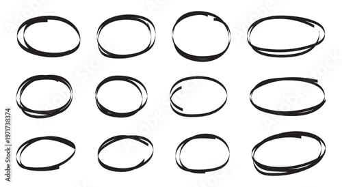 Set of hand drawn black circles and ovals. Highlight circle frames in black color. Ellipses in doodle style. Abstract Vector Brush Stroke Collection.