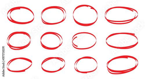 Set of hand drawn red circles and ovals. Highlight circle frames in red color. Ellipses in doodle style. Abstract Vector Brush Stroke Collection.