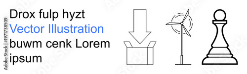Sustainability, logistics, renewable resources, packaging, strategy, business concepts. Minimalist wind turbine, box with arrow chess pawn. Renewable resources and logistics concepts