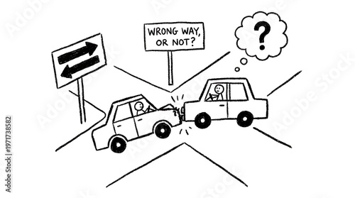 Cars collide at road intersection with confused drivers wondering wrong way