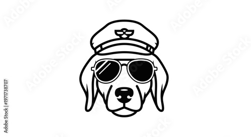 Black and white cartoon illustration of a cool dog pilot wearing an aviator hat and sunglasses. Funny animal character.