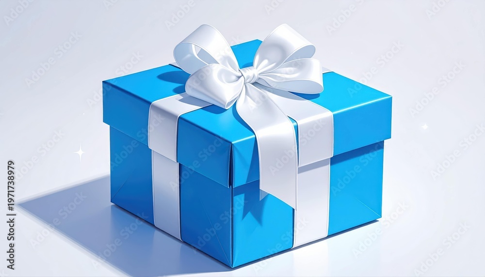 Fototapeta premium A bright blue gift box with a silky white ribbon in a large decorative bow, on a clean white background