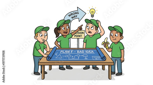 Four people in green hats and shirts discuss bad ideas at a table with a blue plant diagram