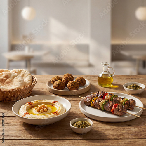 Modern Arabic Gourmet Food Presentation in Elegant Restaurant Setting