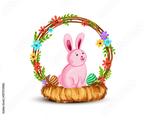 Pink Easter bunny sitting inside a floral wreath and straw nest with decorated eggs, charming spring holiday composition in cute decorative vector style