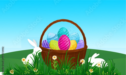 Easter basket filled with colorful eggs in spring grass with two white rabbits, playful holiday meadow scene under a bright blue sky in vector style