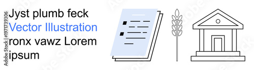 Education, governance, agriculture, policy-making, research, economy. A book, wheat stalk and government building icon aligned side by side. Governance and agriculture-related concept