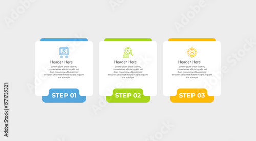 Displays a three step infographic diagram for a presentation.