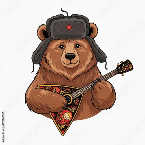 Russian Bear in Ushanka Hat Playing Balalaika Folk Music