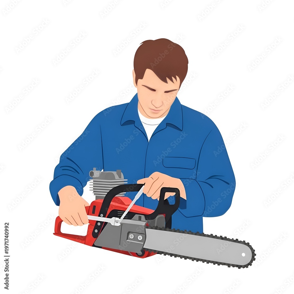 Fototapeta premium Chainsaw Repair by a Skilled Male Mechanic Wearing Blue Work Clothes Using a Metal Wrench to Tighten Parts on a Gasoline Powered Handheld Wood Cutting Tool in a Professional Setting