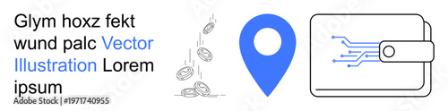 E-commerce, location services, digital finance, fintech apps, cryptocurrency, savings. Blue location pin, digital wallet with circuitry falling coins. Digital finance and location services concept