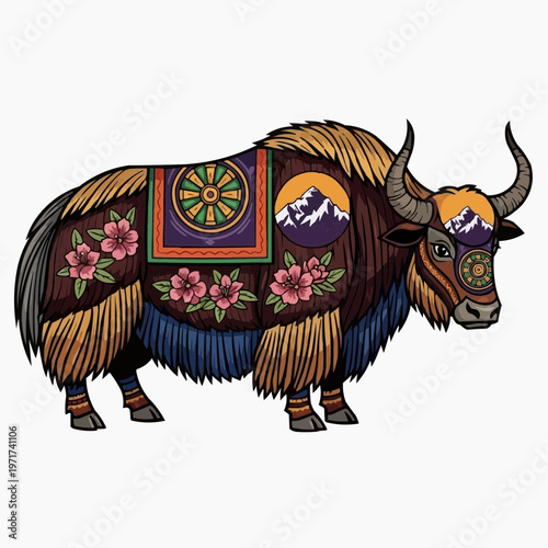 Decorated Yak Illustration with Floral and Mountain Motifs