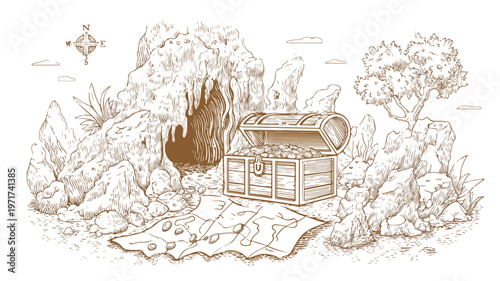 Mystical Cave Exploration with Treasure Chest and Map Vector Illustration