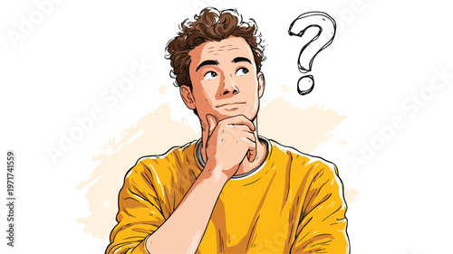 Pensive Young Man Thinking with Question Mark in Flat Vector