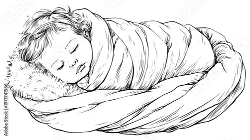 Peaceful Newborn Sleeping in Cozy Blanket - Vector Illustration with Outline
