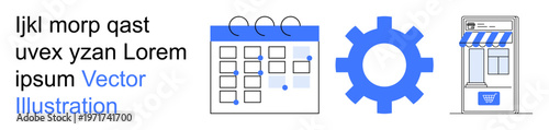Time management, productivity tools, business planning, e-commerce, workflow automation, retail concepts. Calendar, gear and storefront icons in blue and white. Time management and productivity