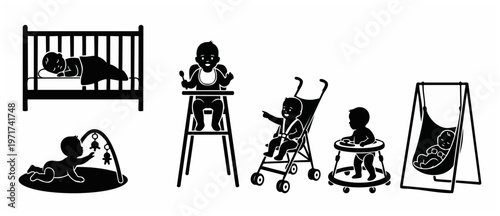 Baby Silhouette Set Vector - Sleeping, Eating, Playing, Walking, Swinging - Cartoon Style Black and White Illustration, Growth Stages, Childcare, Nursery, and Early Childhood Development