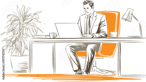 Corporate Businessman Working on Laptop for Professional Job at Office Desk