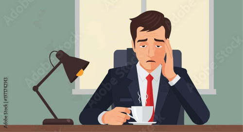 Thinking Businessman character looking stressed while sitting at desk with a cup of coffee, humorous style concept   