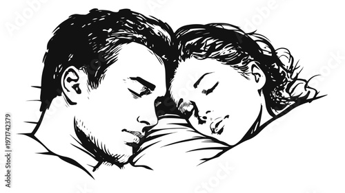 Sleeping Couple Vector with Outline on White Background