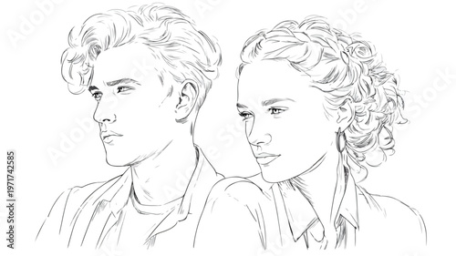 Elegant Couple in Fashionable Outfits: Stylish Contour Illustration