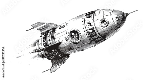 Vintage Rocket Ship in Photocopy Style with Stipple Effect